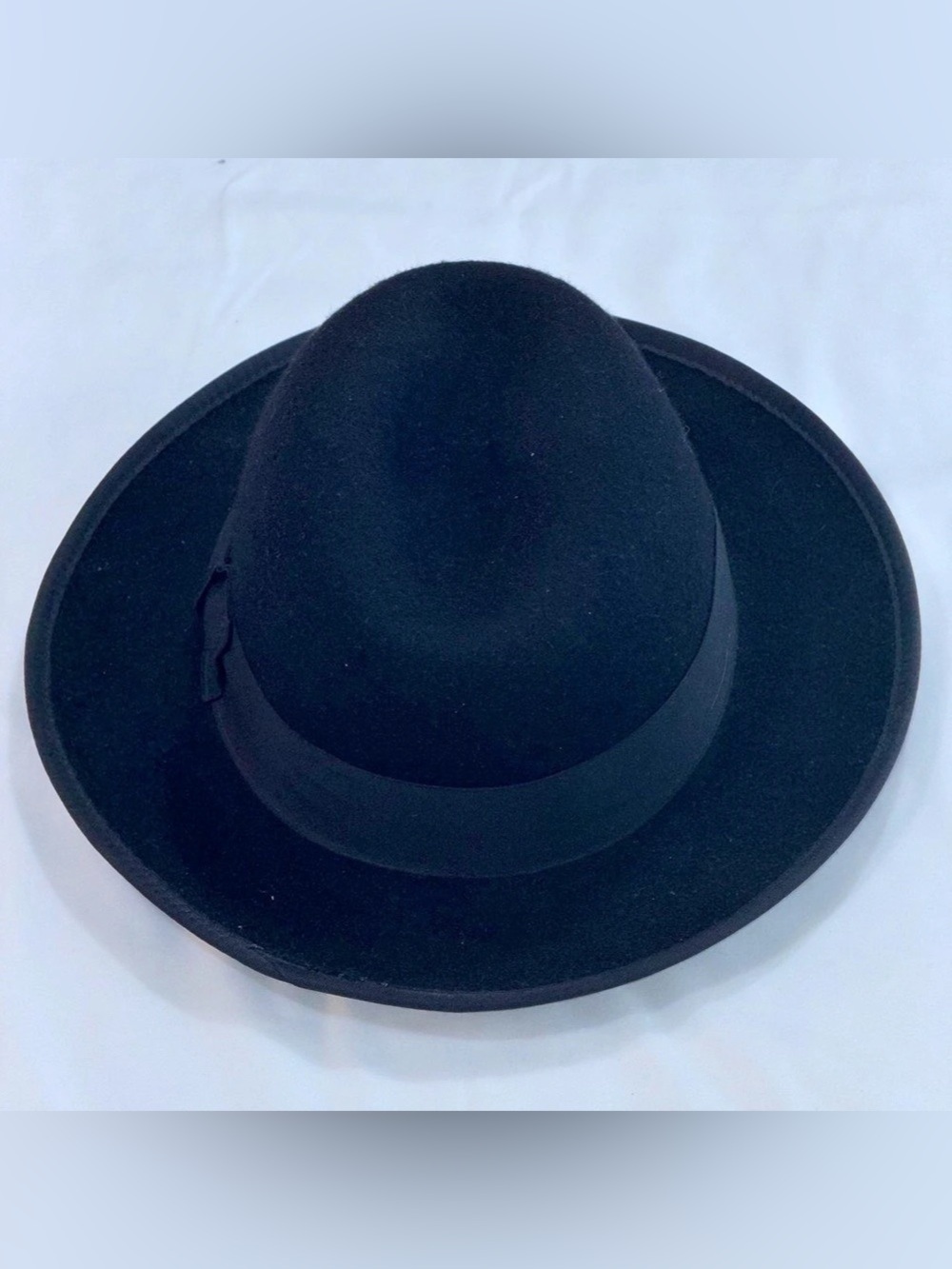 Black Felt Fedora Hat Large Made in USA Satin Lined Grosgrain Band - Picture 2 of 8